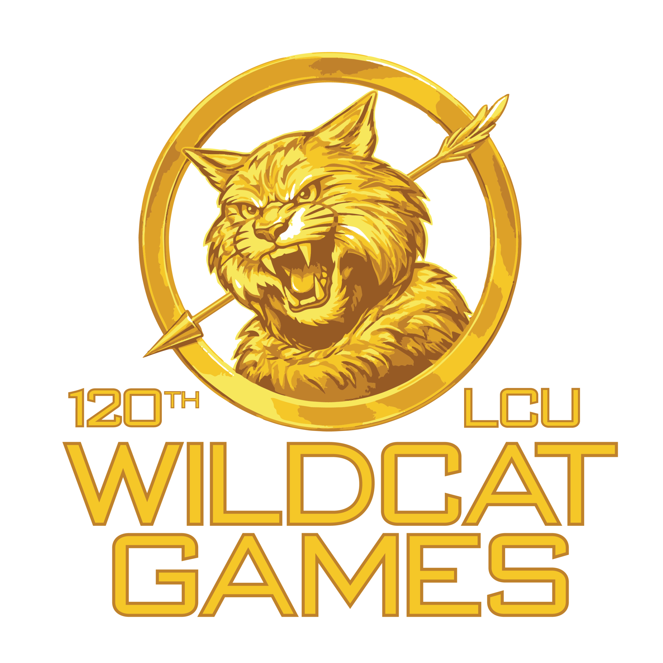 Gold circular logo with a bust of Alex the wildcat in front of an arrow pointing down and to the left for the 120th LCU Wildcat Games. Wildcat Welcome Weekend 2026